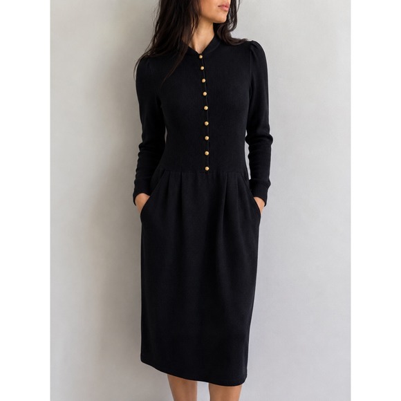 St. John Dresses & Skirts - VTG St. John Saks 5th Avenue Black Santana Knit Midi Dress Gold Buttons Medium